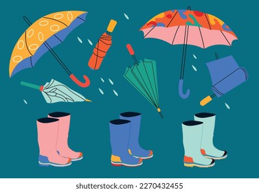 Set aus Gummistiefeln und Regenschirmen. Vektorgrafik.	