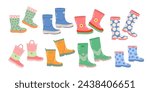 Set of rubber children's, adult women's, men's shoes with insulation of different models, shapes and colors. Cute vector rubber high and low garden boots on white isolated background in cartoon style.