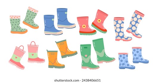 Conjunto de zapatos de caucho para niños, mujeres adultas, hombres con aislamiento de diferentes modelos, formas y colores. Lindo vector de goma de alta y baja botas de jardín sobre fondo blanco aislado en estilo de dibujos animados.