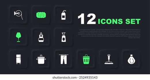 Set Rubber cleaner for windows, Garbage bag, Dishwashing liquid bottle, Trash can, Wine glass, Cooking pot, Sponge and Drying clothes icon. Vector