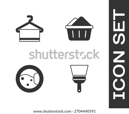 Set Rubber cleaner for windows, Towel on hanger, Washer and Basin with soap suds icon. Vector
