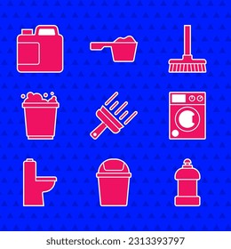 Set Rubber cleaner for windows, Trash can, Bottle cleaning agent, Washer, Toilet bowl, Bucket with foam, Handle broom and  icon. Vector