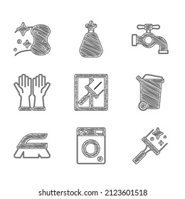 Set Rubber cleaner for windows, Washer, Trash can, Brush cleaning, gloves, Water tap and Sponge icon. Vector