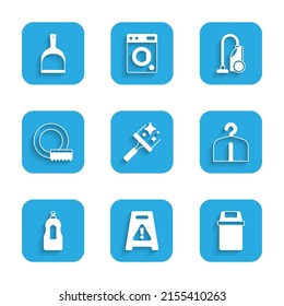 Set Rubber cleaner for windows, Wet floor, Trash can, Hanger wardrobe, Dishwashing liquid bottle, Washing dishes, Vacuum and Dustpan icon. Vector