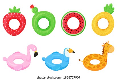 Set of rubber colorful inflatable swimming rings. Strawberry, cactus, pineapple, watermelon, pink flamingo, giraffe and toucan.