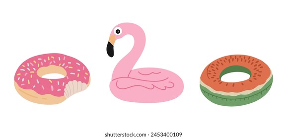 Set of rubber colorful inflatable.Rubber rings, inflatable ring collection. watermelon,  donut, flamingo