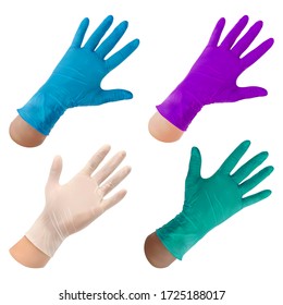 Set Of Rubber Disposable Gloves On A Hand. Latex Glove And Nitrile Gloves Of Different Colors On A White Background. Personal Protective Equipment For Health Workers. Vector Illustration