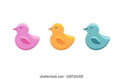 Set of rubber duck bath toy in flat style isolated on white background. Vector illustration. Cute baby bathing toy. Icon of children's toys in pink, yellow and blue.