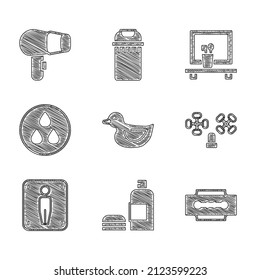 Set Rubber duck, Bottle of shampoo, Blade razor, Water tap, Male toilet, drop, Washbasin mirror and Hair dryer icon. Vector