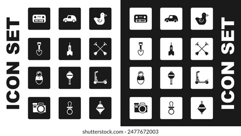 Set Rubber duck, Dart arrow, Shovel toy, Toy piano, Arrow with sucker tip, car, Scooter and Tumbler doll icon. Vector