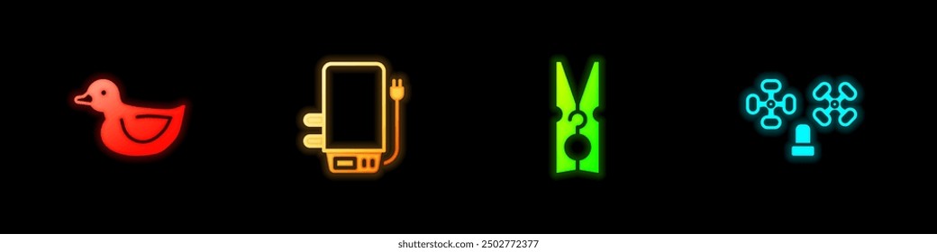 Set Rubber duck, Electric boiler, Clothes pin and Water tap icon. Vector