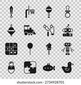 Set Rubber duck, Robot toy, Rattle baby, Toy train, Whirligig, Sword and Slingshot icon. Vector