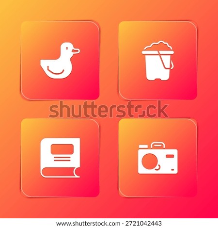 Set Rubber duck, Sand in bucket, Book and Photo camera icon. Vector