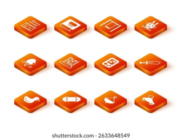 Conjunto Pato de goma, monopatín, raqueta, ábaco, juguete giratorio, juego electrónico Tetris, coche controlado por radio e icono de espada. Vector