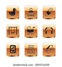 Set Rubber duck, Tetris electronic game, Drum with drum sticks, Baby stroller, Swing, Ice cream, Toy horse and Pyramid toy icon. Vector