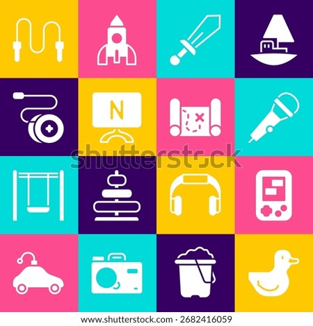 Set Rubber duck, Tetris electronic game, Microphone, Sword toy, Smart Tv, Yoyo, Jump rope and Pirate treasure map icon. Vector