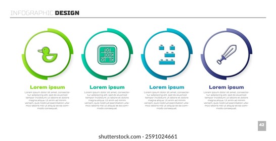 Set Rubber duck, Tic tac toe game, Toy building block bricks and Sword toy. Business infographic template. Vector