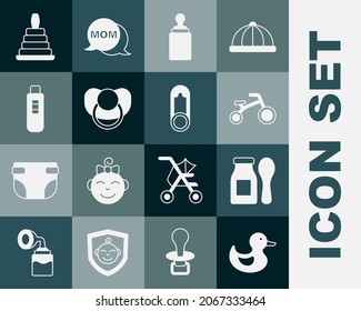 Set Rubber duck, Yogurt in bottle with spoon, Bicycle for kids, Baby, dummy pacifier, Pregnancy test, Pyramid toy and clothes pin icon. Vector
