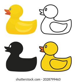 Set of rubber ducks. 4 variants of yellow swimming toys in the form of waterfowl. Vector illustration isolated on a white background for design and web.