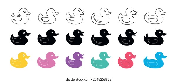 Set of rubber ducks and ducklings isolated on a white background. Black silhouettes, outlines, and colored versions. Concept of children's toys, bath time fun, cute cartoon animals, design elements