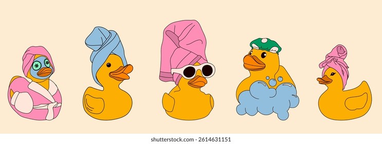 A set of rubber ducks enjoying a spa day, featuring scenes with towels, shower caps, bubbles, and calm expressions.