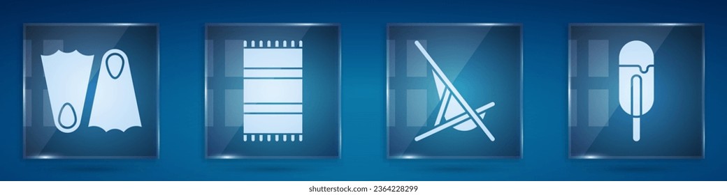 Set Rubber flippers, Beach towel, Sunbed and Ice cream. Square glass panels. Vector