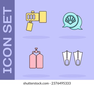 Set Rubber flippers, Flashlight, Aqualung and Scallop sea shell icon. Vector