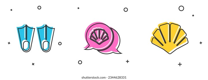Set Rubber flippers, Scallop sea shell and  icon. Vector