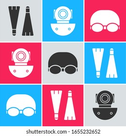 Set Rubber flippers for swimming, Aqualung and Glasses and cap for swimming icon. Vector