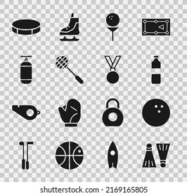 Set Rubber flippers for swimming, Bowling ball, Bottle of water, Golf on tee, Tennis racket, Punching bag, Hockey puck and Medal icon. Vector