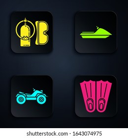Set Rubber flippers for swimming, Diving mask and aqualung, All Terrain Vehicle or ATV motorcycle and Jet ski. Black square button. Vector