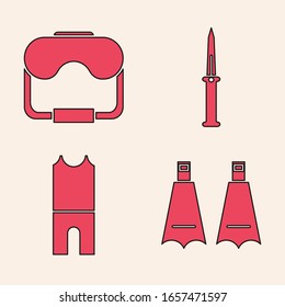 Setzen Sie Gummiflossen zum Schwimmen, Tauchmaske, Armeemesser und Wetsuit für Tauchsymbol. Vektorillustration