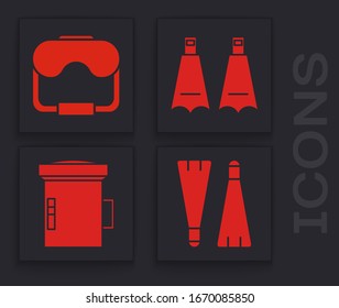 Set Rubber flippers for swimming, Diving mask, Rubber flippers for swimming and Big flashlight for diver icon. Vector
