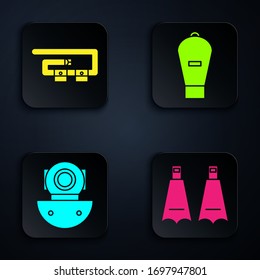 Set Rubber flippers for swimming, Diving belt, Aqualung and Lift bag. Black square button. Vector