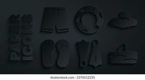 Set Rubber flippers for swimming, Elegant women hat, Flip flops, Shark fin ocean wave, ring and Swimming trunks icon. Vector