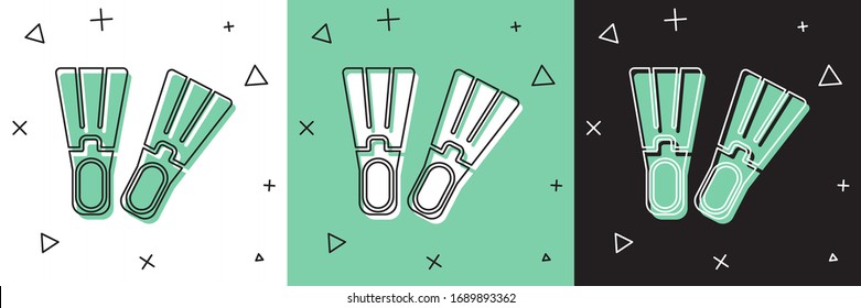Set Rubber flippers for swimming icon isolated on white and green, black background. Diving equipment. Extreme sport. Sport equipment.  Vector Illustration