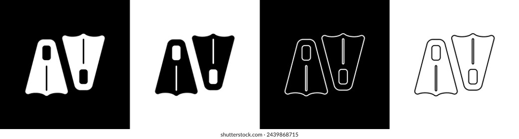 Set Rubber flippers for swimming icon isolated on black and white background. Diving equipment. Extreme sport. Sport equipment.  Vector