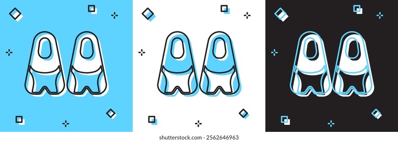 Set Rubber flippers for swimming icon isolated on blue and white, black background. Diving equipment. Extreme sport. Diving underwater equipment.  Vector