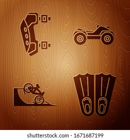 Set Rubber flippers for swimming, Knee pads, Bicycle on street ramp and All Terrain Vehicle or ATV motorcycle on wooden background. Vector