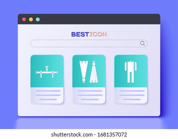 Set Rubber flippers for swimming, Manifold and Wetsuit for scuba diving icon. Vector