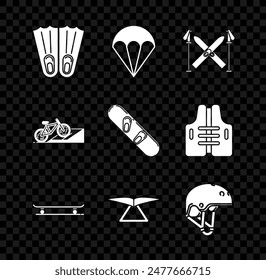 Set Rubber flippers for swimming, Parachute, Ski and sticks, Skateboard, Hang glider, Helmet, Bicycle on street ramp and Snowboard icon. Vector