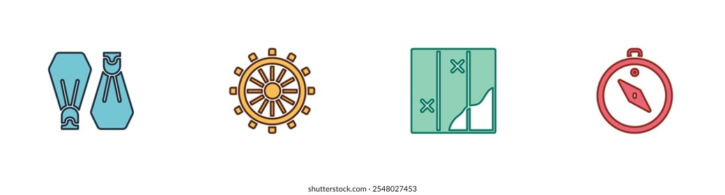 Definir chinelos de borracha para natação, volante de navio, Mapa dobrado e ícone de bússola. Vetor