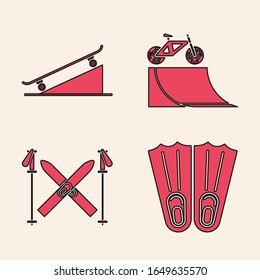 Set Rubber flippers for swimming, Skateboard on street ramp, Bicycle on street ramp and Ski and sticks icon. Vector