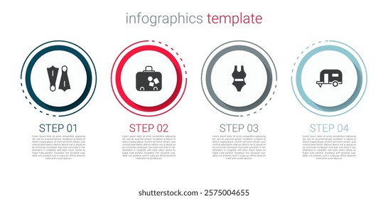 Set Rubber flippers for swimming, Suitcase, Swimsuit and Rv Camping trailer. Business infographic template. Vector