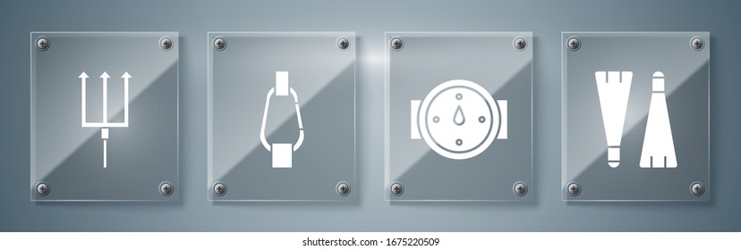 Set Rubber flippers for swimming, Wind rose, Carabiner and Neptune Trident. Square glass panels. Vector