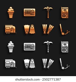 Set Rubber flippers, Travel brochure, Snorkel, Rv Camping trailer, Tropical palm tree, Ice cream waffle cone and Passport with visa stamp icon. Vector