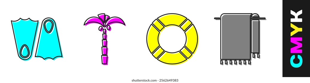 Set Rubber flippers, Tropical palm tree, Lifebuoy and Towel on a hanger icon. Vector