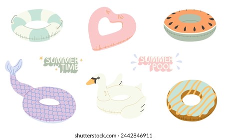 Set of rubber floats for pool and beach. Summer inflatable swim rings swan,heart, doughnut, mermaid's tail,watermelon. Flat vector illustration isolated on white background