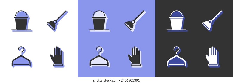 Set Rubber gloves, Bucket, Hanger wardrobe and plunger icon. Vector