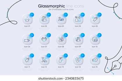 Set of Rubber gloves, Cleanser spray and Wash hands line icons for web app. Vacuum cleaner, Cleaning service, Hold t-shirt icons. Washing hands, Dirty mask, Clean towel signs. Vector